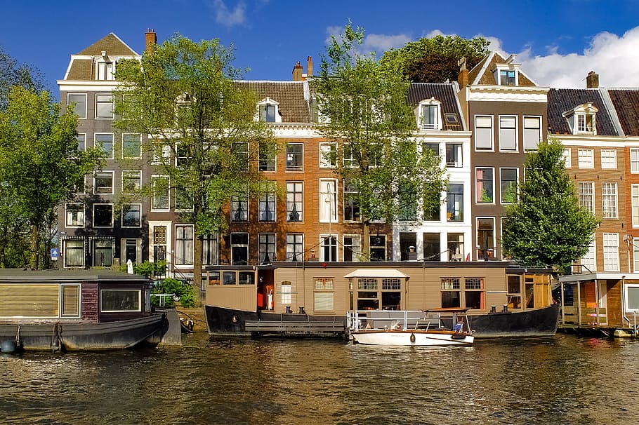 cityscape, amsterdam, house, building, barge, houseboat, boat, ship, canal, netherlands