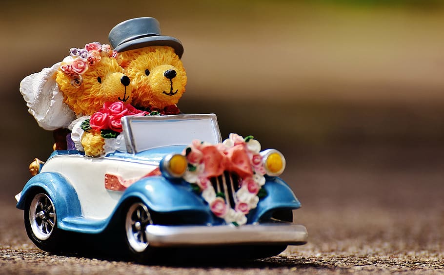 macro shot photography, blue, white, die-cast car toy, wedding, bear, figures, funny, invitation, greeting card
