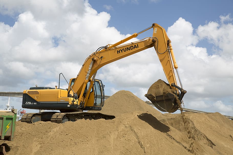 sand, excavating, daytime, excavation, power shovel, excavator, digger, construction site, construction industry, machinery