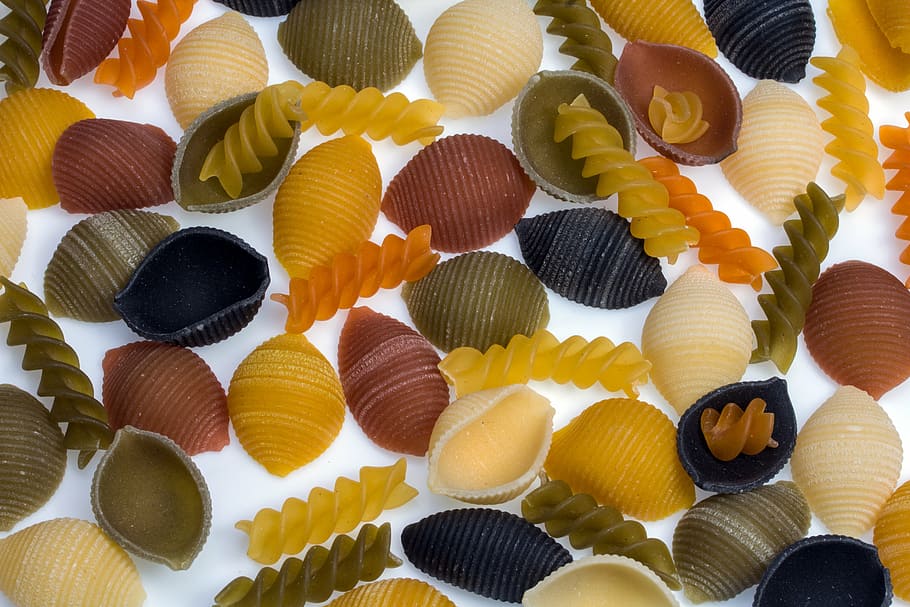 assorted pasta lot, noodles, clam pasta, colorful, spiral pasta, food, animal Shell, sea, pattern, backgrounds