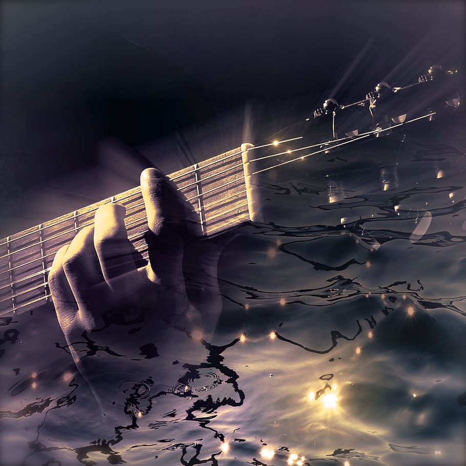 person playing guitar, cd cover, guitar, water, light reflections, fantastic, mysterious, magic, light, composing