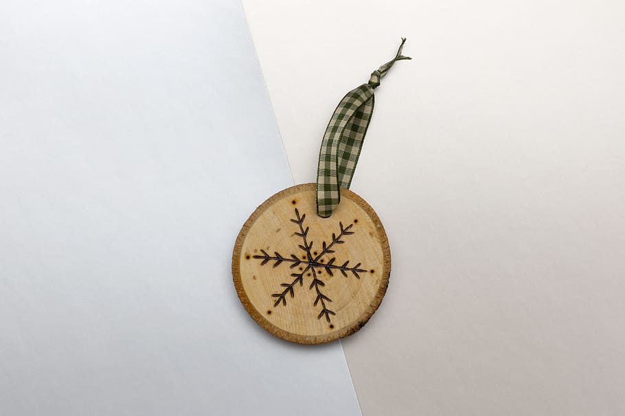 wood, holiday, ornament, christmas, handmade, etched, decoration, festive, flat lay, object