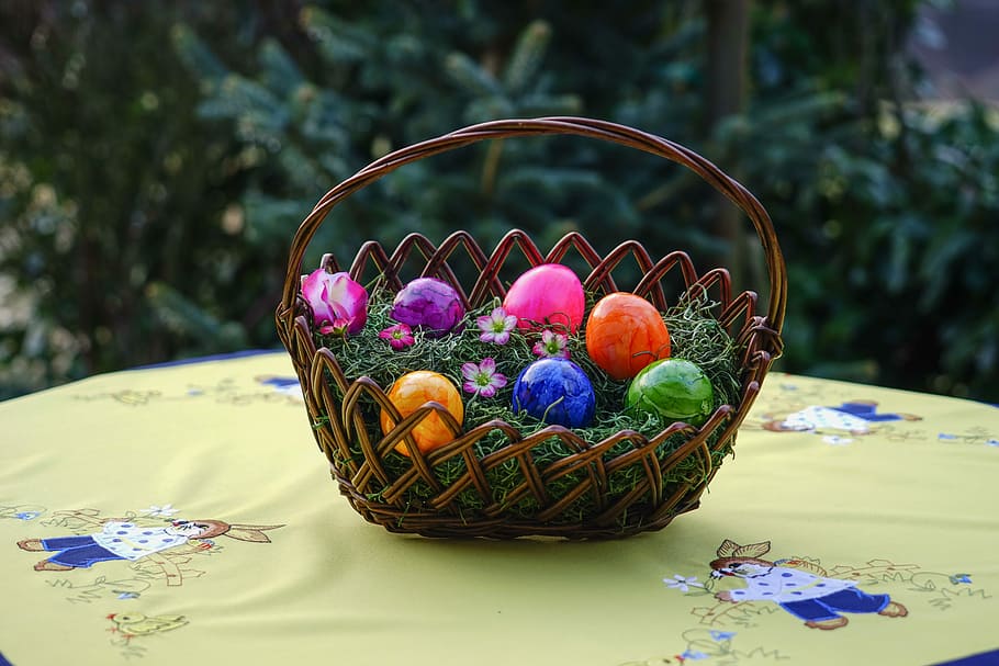 easter eggs, basket, osterkorb, colorful eggs, colored, purple, pink, orange, yellow, blue
