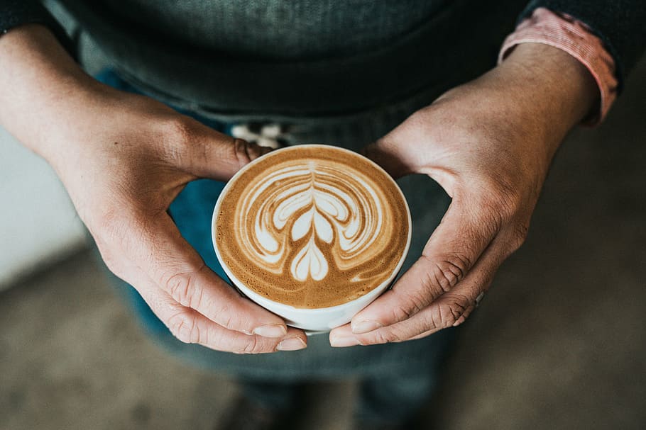 orang, memegang, mug, diisi, cafe latte, kopi, panas, minum, espresso, piala