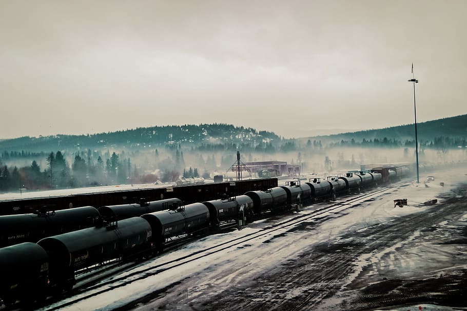 black, train, pine trees, white, clouds, freight, trains, industrial, metal, cold