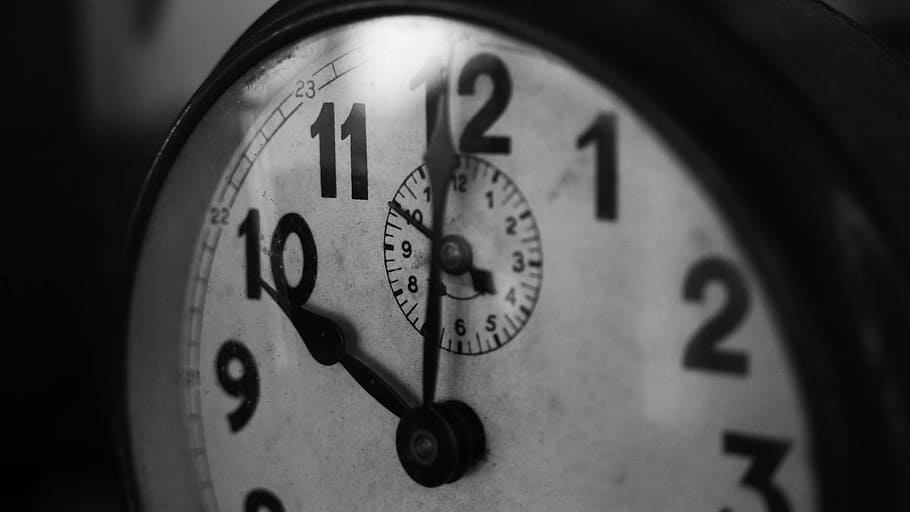 clock at 10:02, clock, alarm, alarm clock, dial, time, old, vintage, black, black and white