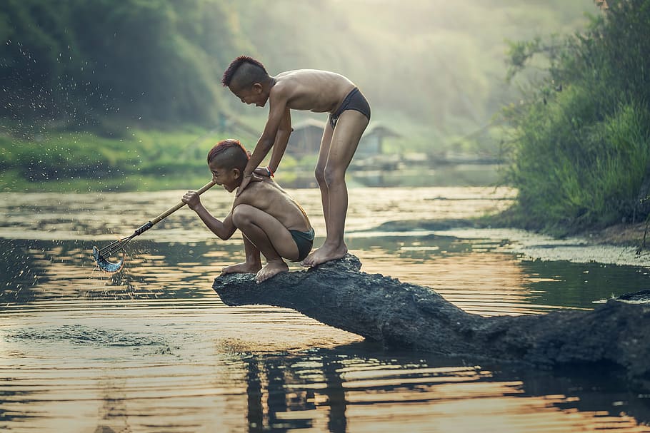 two, boys, standing, rock, top, body, water, talented people, the activity, asia