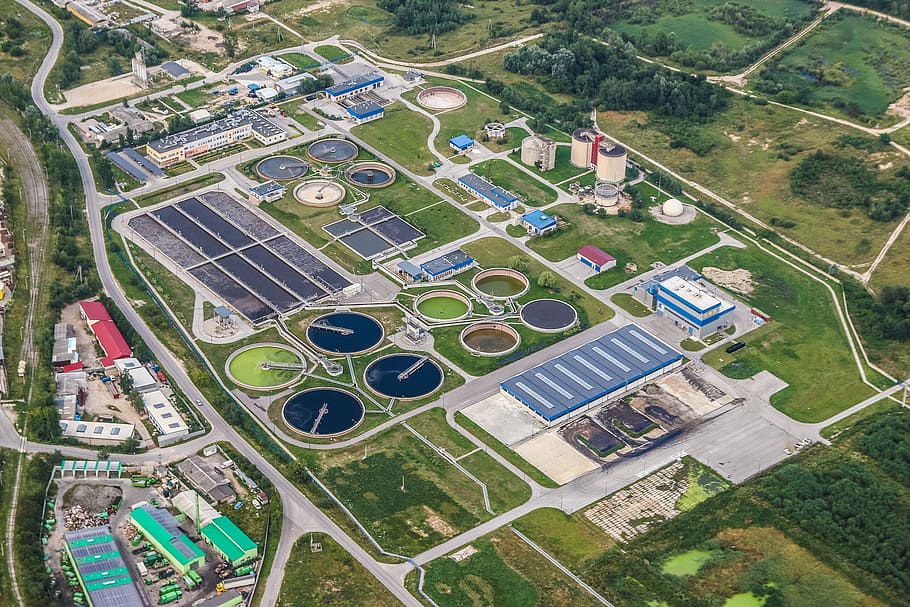 aerial, concrete, buildings, treatment plant wastewater, refinery, aerial photo, the height of the, city, kielce, swietokrzyskie