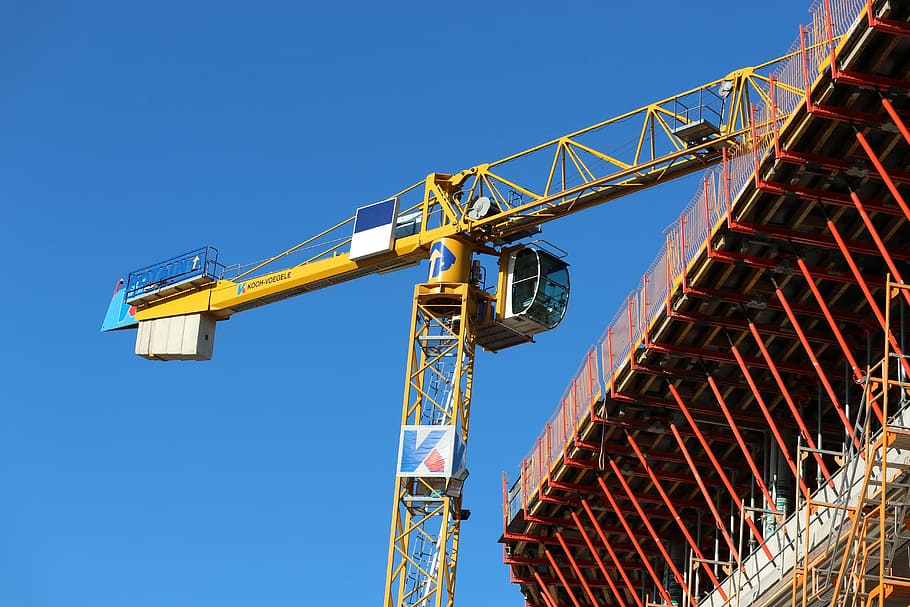 yellow crane tower, baukran, technology, scaffolding, scaffold, crane, construction, architecture, working scaffold, site