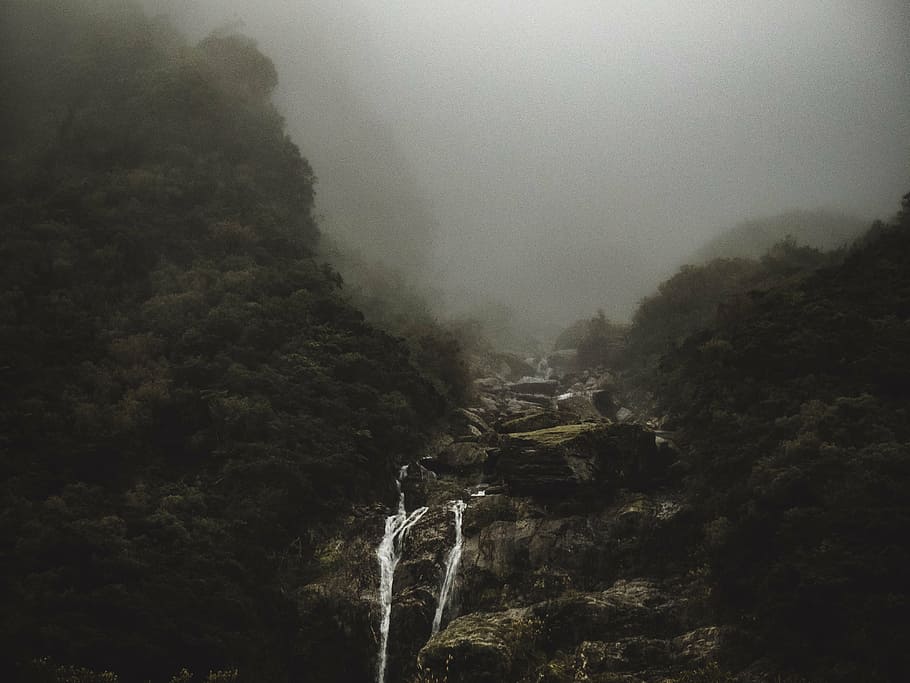 green, mountain, waterfalls, covered, fog, rocks, hill, highland, foggy, landscape