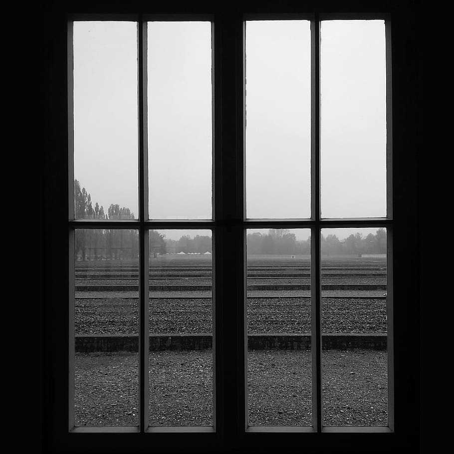 ventana, dachau, campo de concentración, alemania, vidrio, extensión, mira, transparente, vidrio - material, adentro