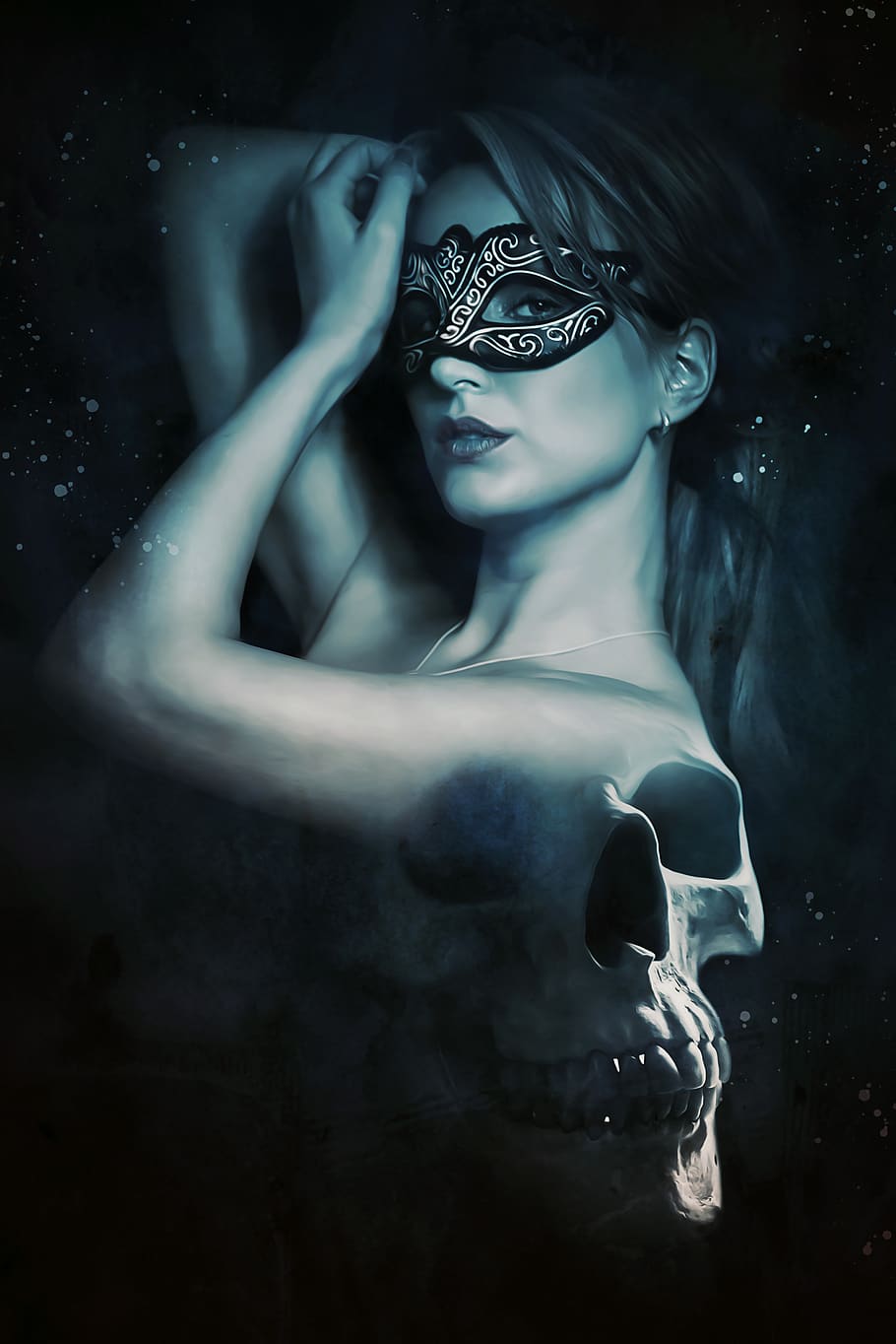portrait, fantasy, fantasy portrait, gothic, dark, erotic mask, masquerade, skull, woman, girl