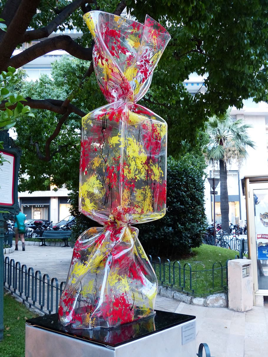 artwork, plastic, candy, red, yellow, monte carlo, monaco, art, modern art, tree
