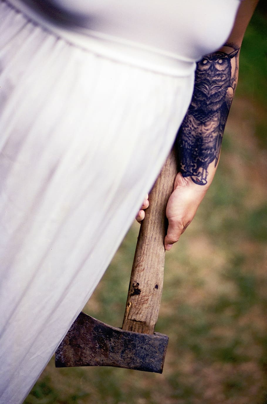 person holding axe, weapon, wood, ax, people, hand, owl, tattoo, human hand, one person