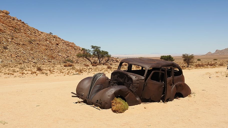 abandonado, marrón, vintage, coche, desierto, África, Namibia, desierto de Kalahari, ruina, auto