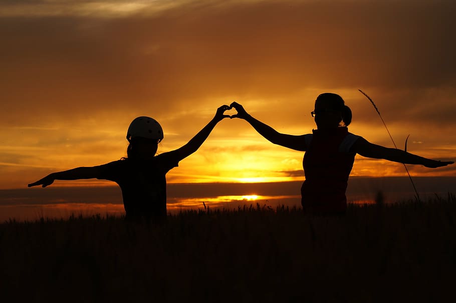 silhouette, two, person, sunset, love, family, heart, parent, eternal love, mother