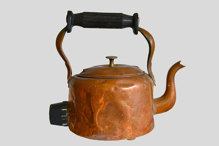 antique brass-colored kettle, copper kettle, kettle, copper, metal, old, kitchen, tea, beverage, equipment