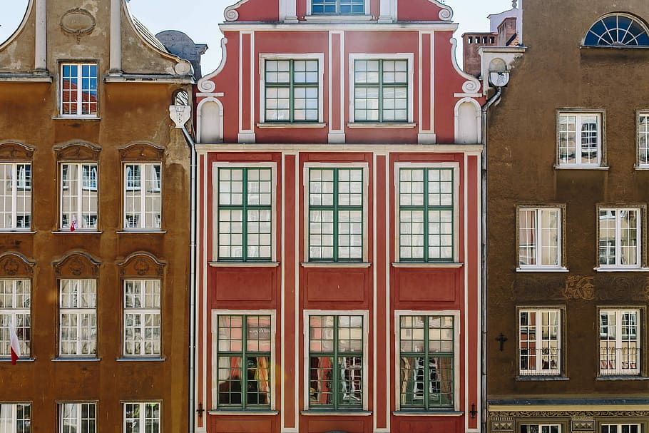 Foto, Gdansk, Polandia, arsitektur, kota tua, rumah petak, jendela, bangunan Eksterior, fasad, rumah