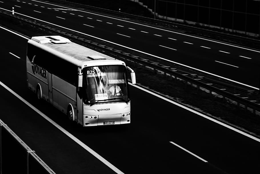 bus on runway, bus, bova futura, bova, futura, highway, black and white, transport, a4, voyager
