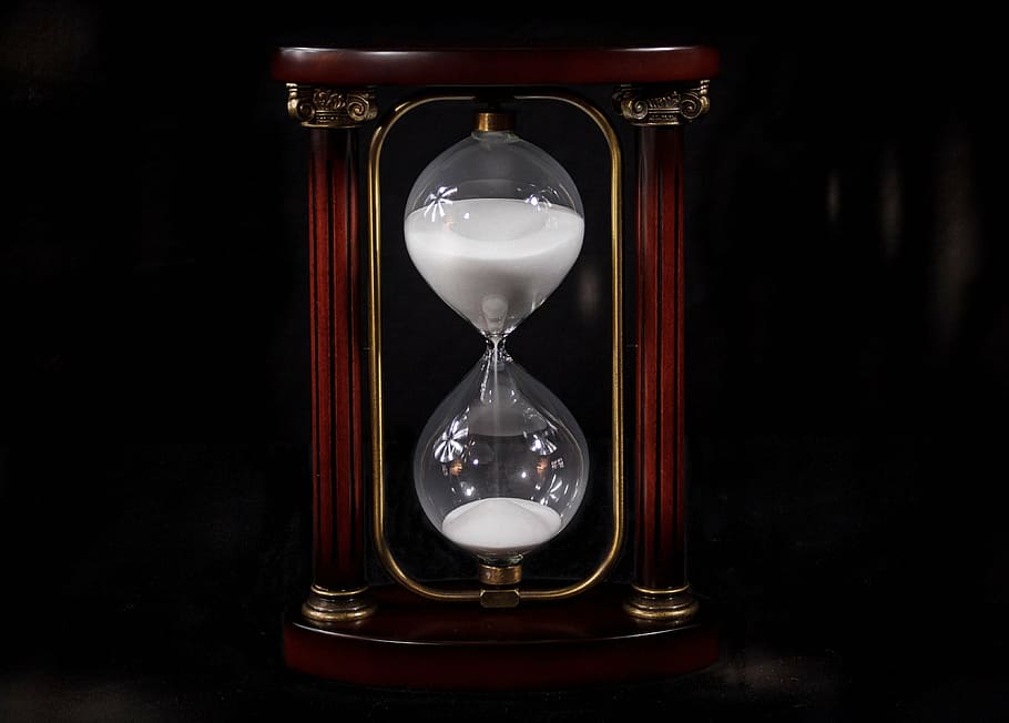 foto, marrón, claro, reloj de arena, temporizador, horas de tiempo, minutos, bombillas de vidrio, clepsammia, instrumento de tiempo