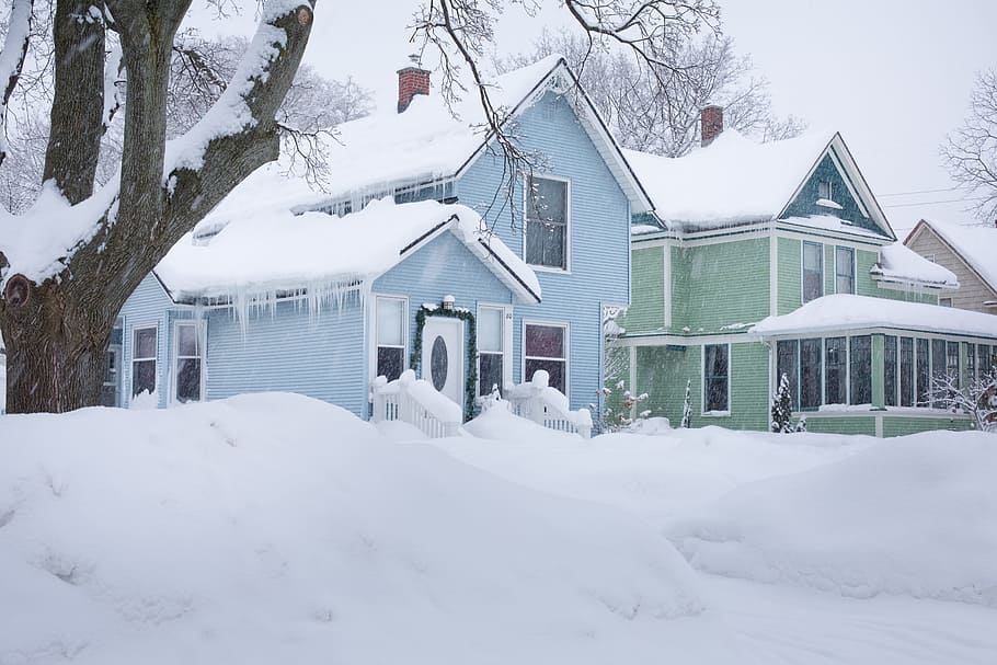 two, green, blue, house, covered, snow, winter, homes, neighborhood, ice