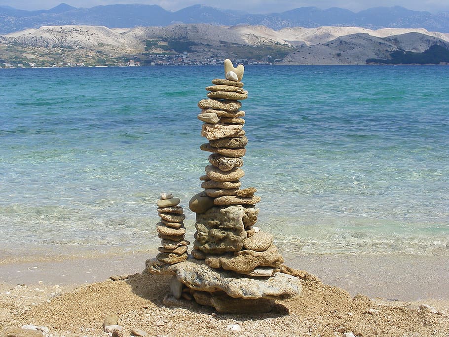 batu keseimbangan, tubuh, air, piramida dr batu kasar, pantai, menara batu, batu, laut, hari libur, kroasia