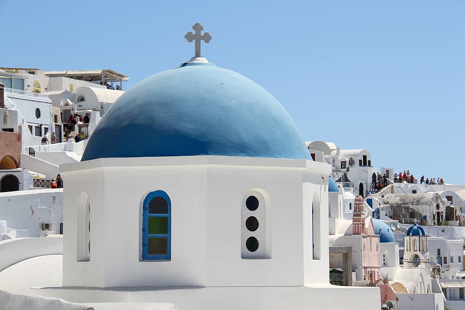 igreja, grécia, viagem, branco, vila, verão, azul, arquitetura, cúpula, exterior do edifício
