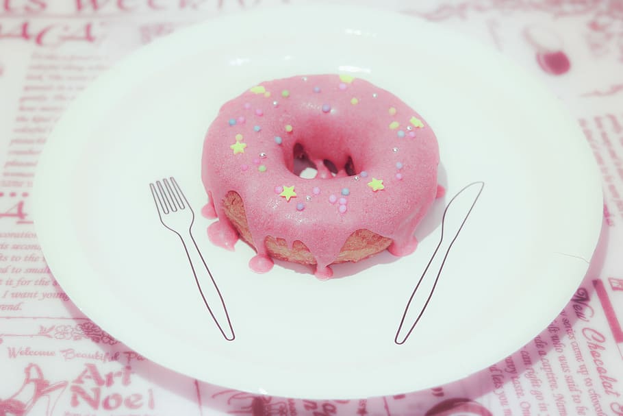 pink, coated, doughnut, white, plate, dessert, food, cake, donut, sweet Food