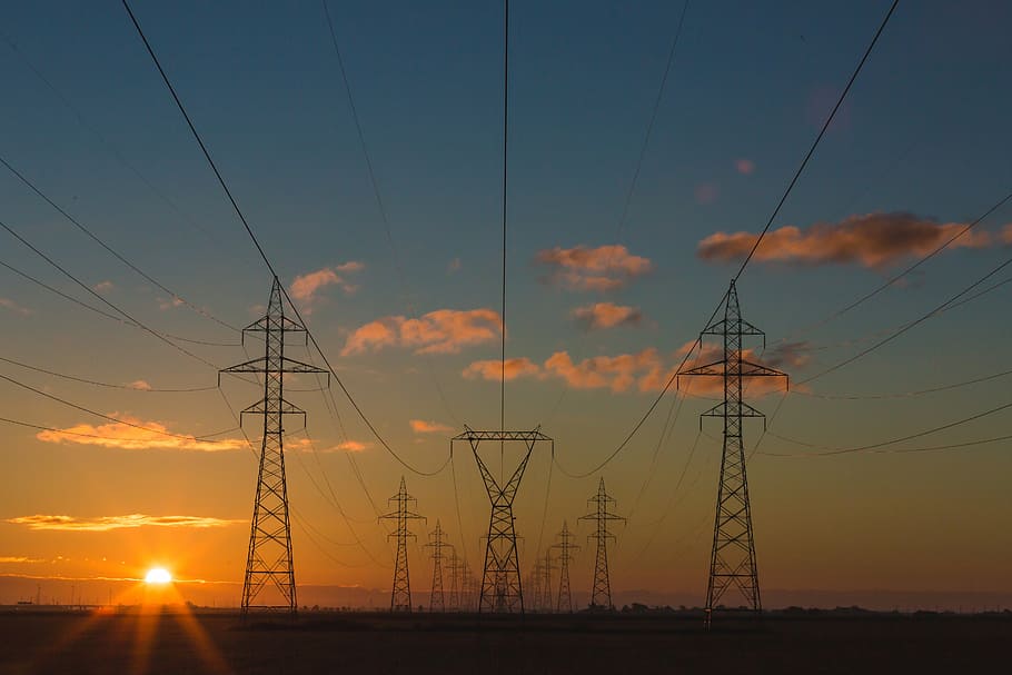 several, transmission towers, blue, sky, dawn, dusk, electricity, industry, power lines, silhouette