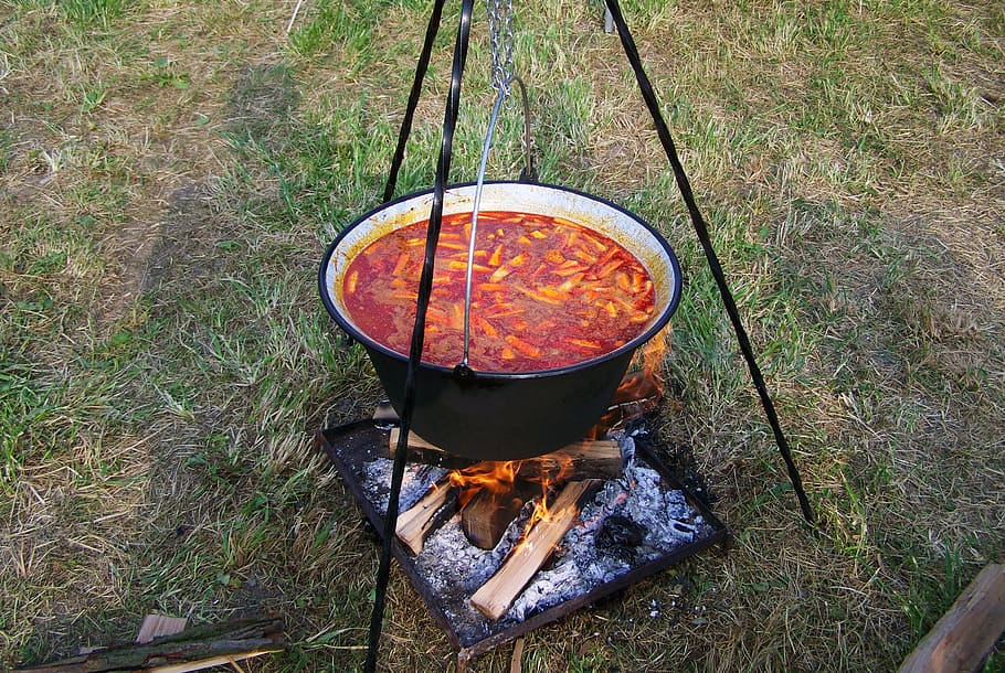kettle goulash, food, cooking on an open, flame, fire, burning, fire - natural phenomenon, grass, nature, high angle view