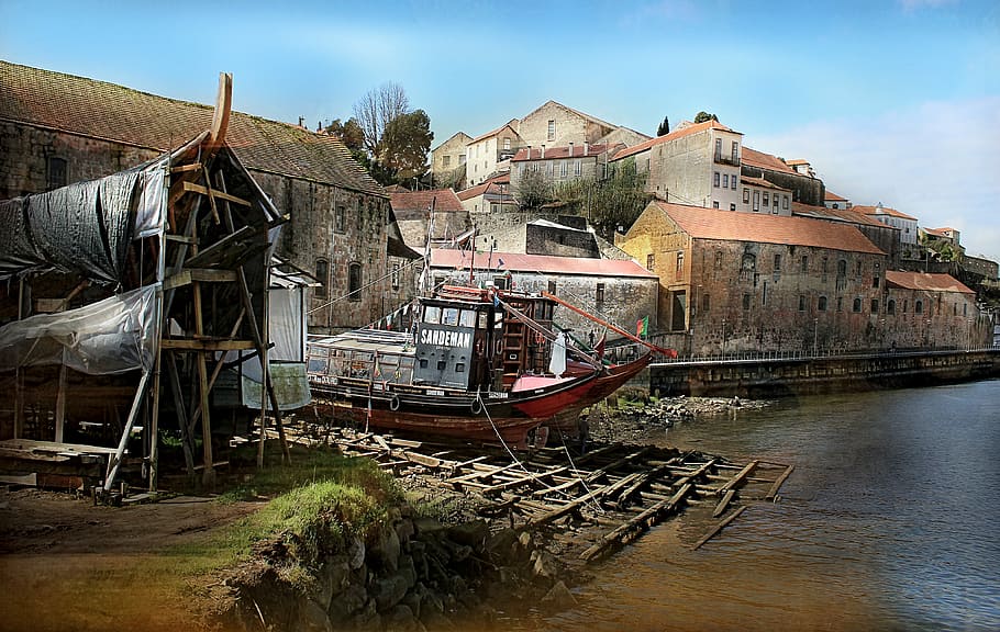 Landscape, Urbana, Shipyard, Porto, river douro, ribeira, vessel, wooden boat, building exterior, nautical vessel
