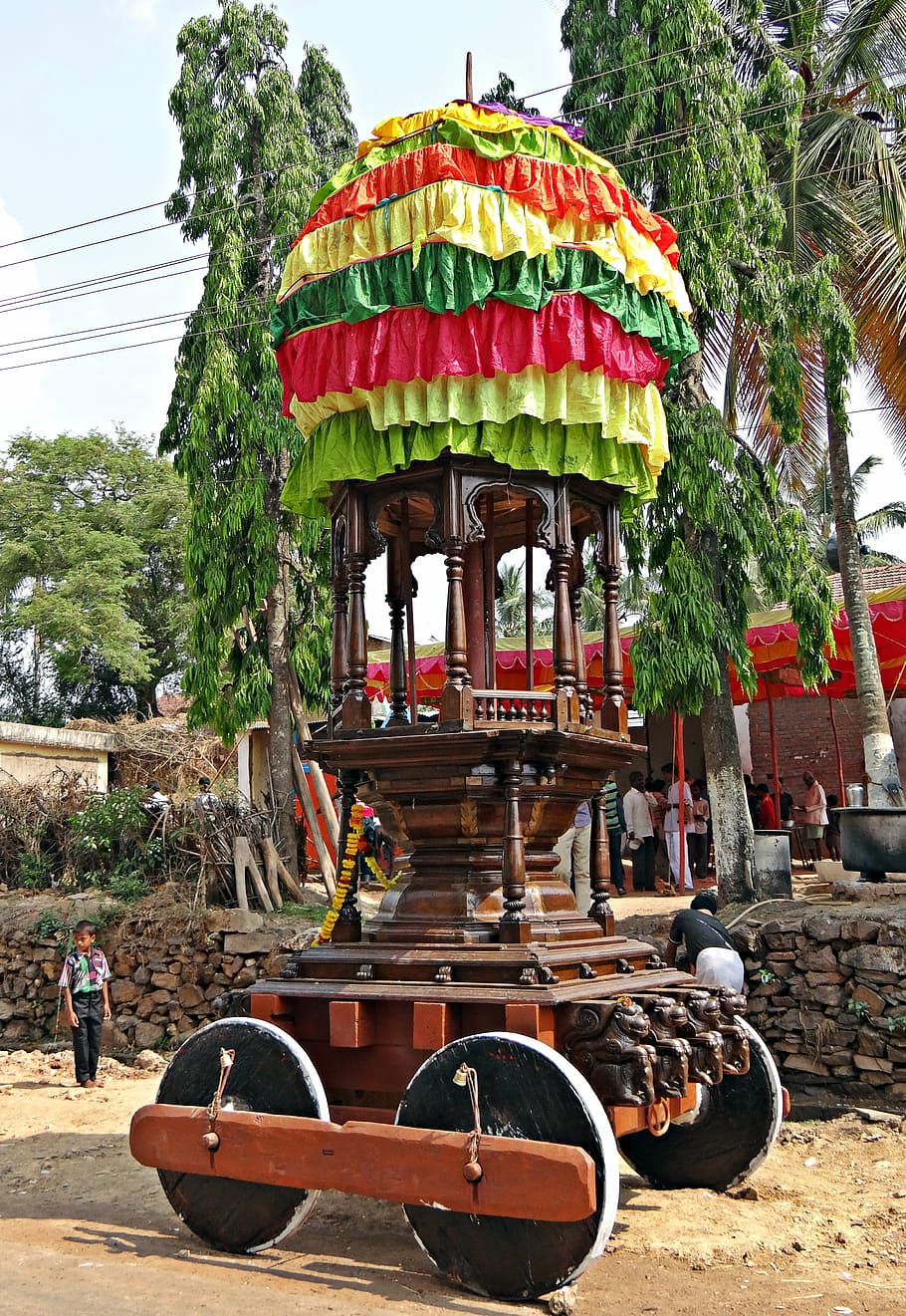 chariot, decorated, wooden, local festival, karnataka, india, built structure, architecture, day, plant