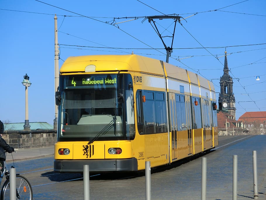 tram, dresden, transport system, transportation, yellow, mode of transportation, sky, public transportation, cable, cable car