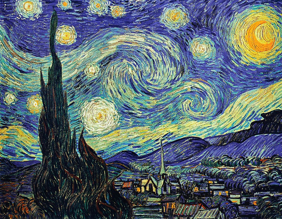 звездная ночь, картина винсента ван гога, ван гог, звездное небо, картина маслом, фоны, аннотация, узор, многоцветный, иллюстрация