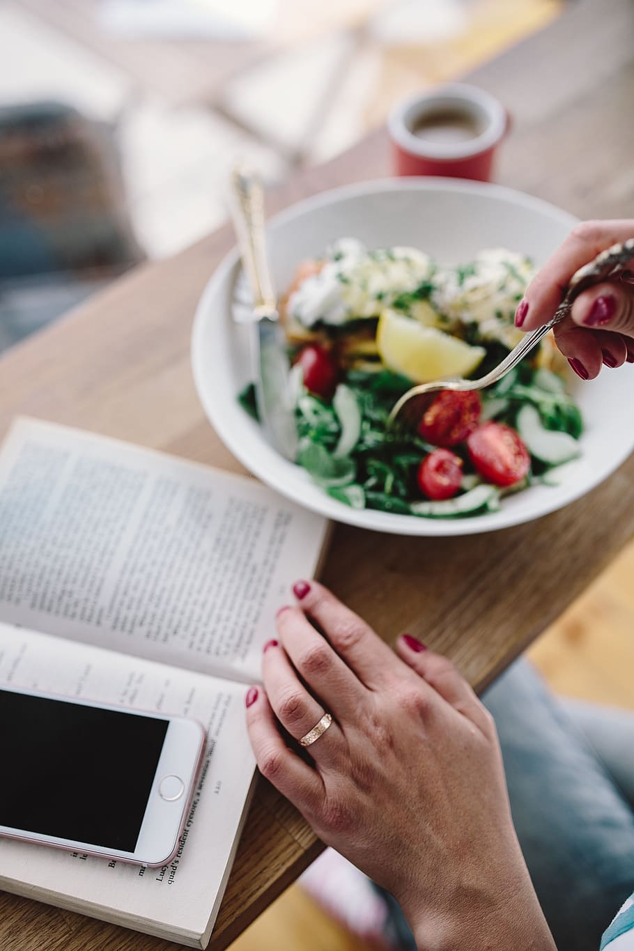 female, book, reading, breakfast, healthy, meal, salad, Woman, eating, human hand
