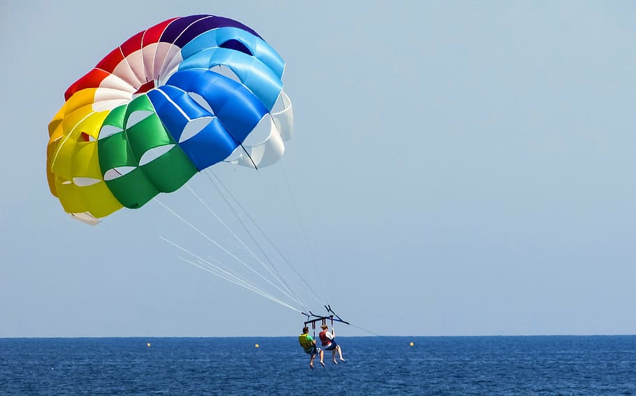 parachute, paragliding, colours, rainbow colours, balloon, sky, sport, activity, vacation, recreation