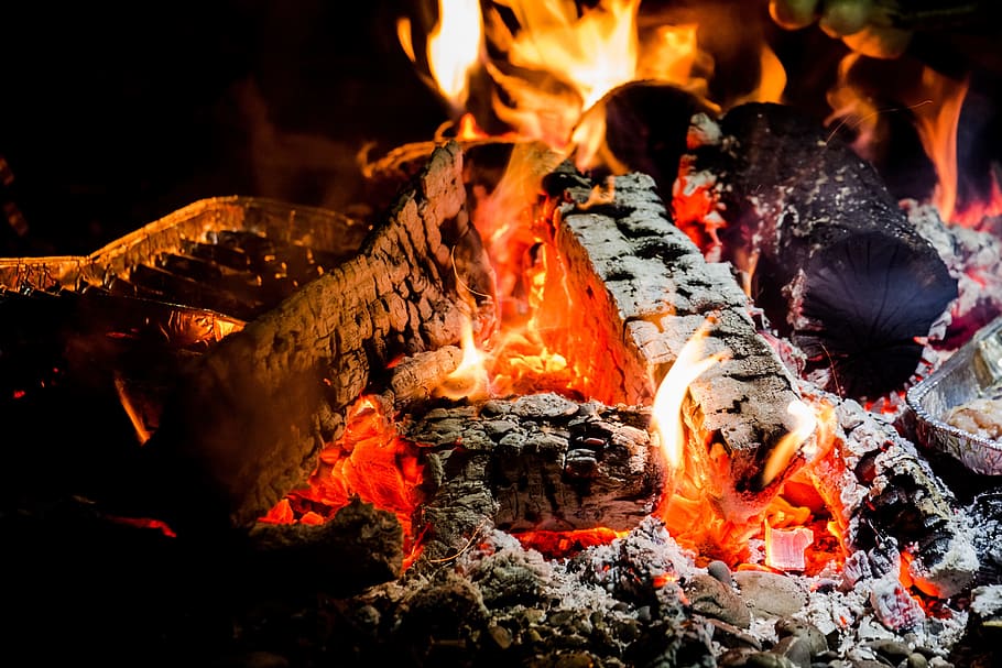 charcoal, wood, fire, flame, campfire, barbecue, firewood, embers, red, yellow