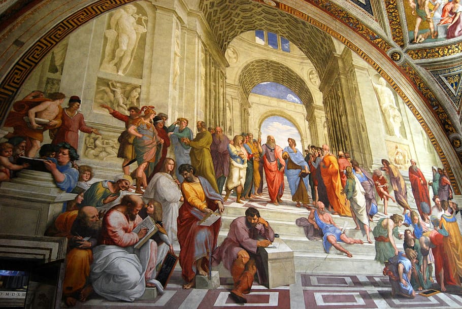 group, people, museum painting, fresco, vatican, vatican museums, philosophers, aristotle, plato, room signature