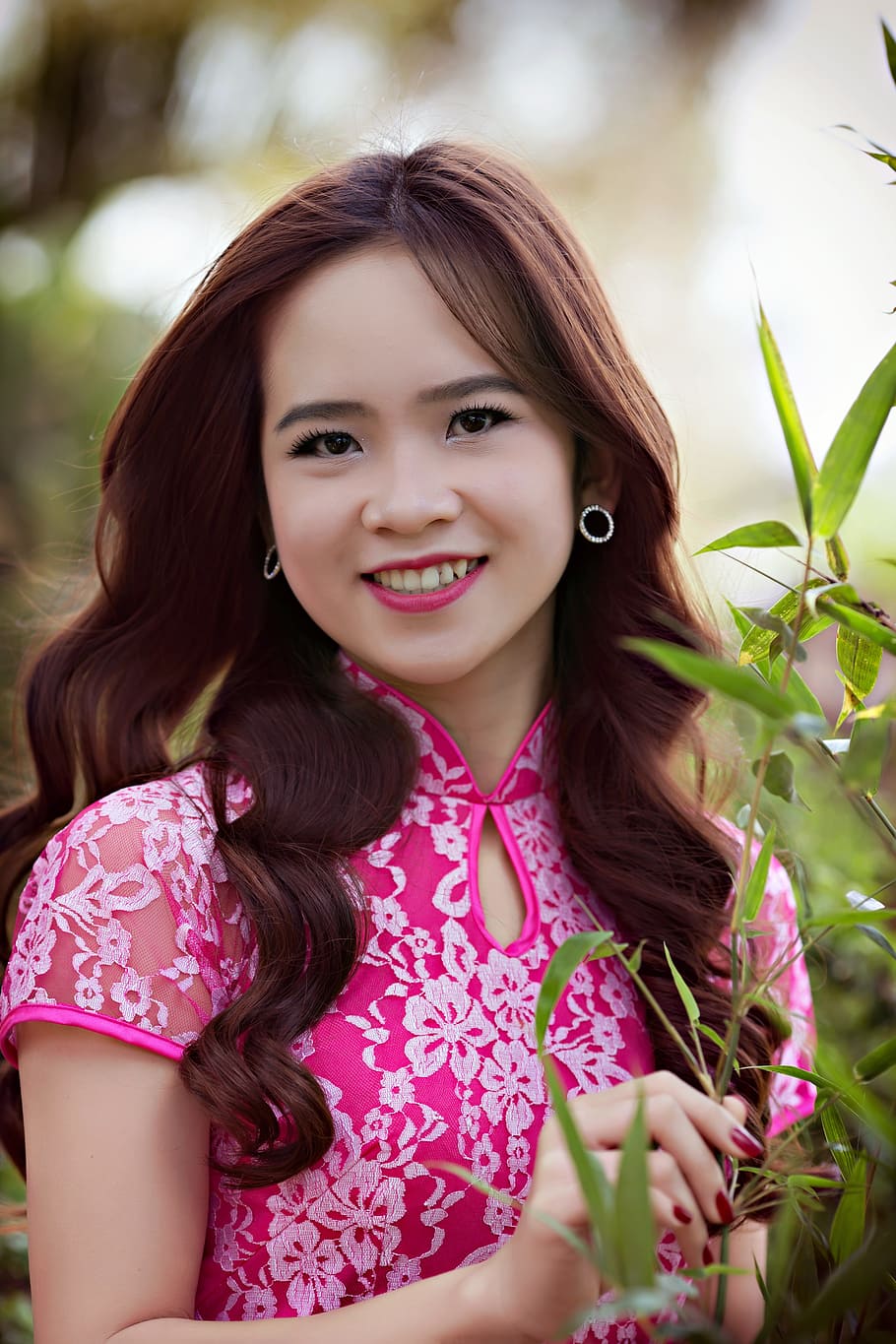woman, pink, white, floral, top, girl, vietnam, female, asian, people