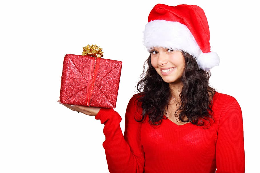 woman, wearing, holding, red, gift, box, christmas, claus, cute, female