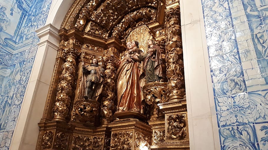 Portugal, religión, altar, dorado, iglesia, vista de ángulo bajo, arte y artesanía, estructura construida, arquitectura, creencia