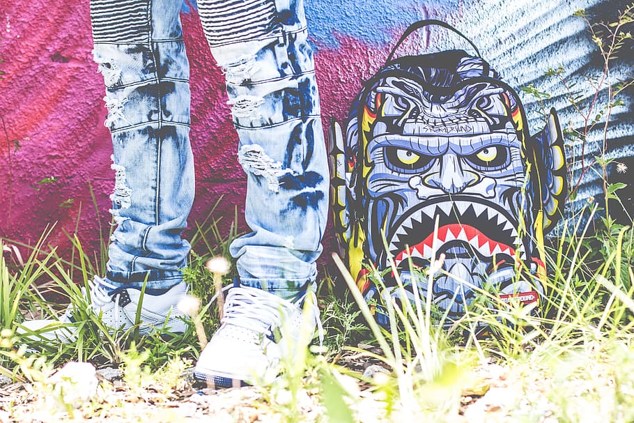 art, graffiti, shoes, ripped, jeans, grass, wall, vandal, artist, street