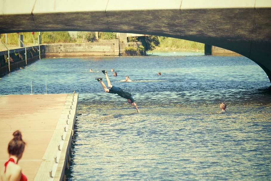 person, diving, body, water, daytime, swimming, dive, bridge, people, summer