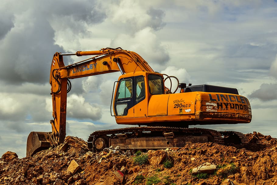 orange, linclet excavator, ground, excavator, heavy machine, equipment, vehicle, machinery, yellow, debris