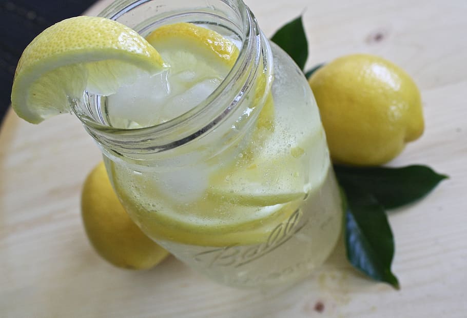 lemon wedges, clear, glass mason jar, lemon water, lemonade, glass, lemon, drink, refreshment, fresh