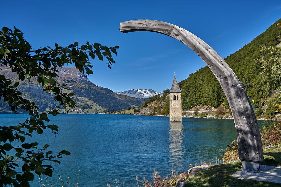 Reschensee, Tirol del Sur, Italia, lago, montañas, paisaje, agua, vacaciones, iglesia, campanario