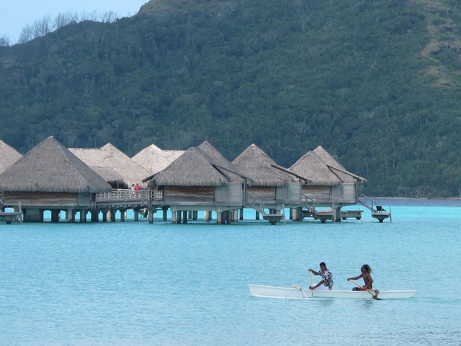 Huts, Beach, Bora Bora, Vacation, tourism, travel, beach huts, coastline, holiday, two people