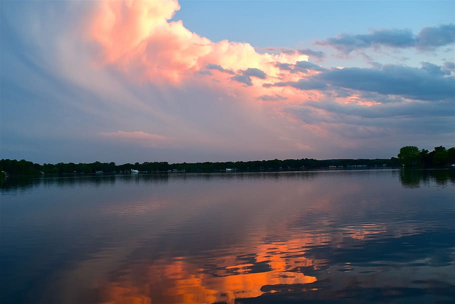 lake photo, daytime, Sunset, Clouds, Puffy, Reflection, sky, water, nature, landscape