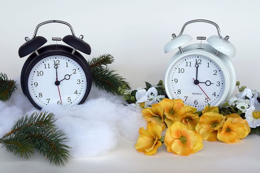 two, white, black, analog alarm clocks, time conversion, time of, summer time, clock, minutes, hours