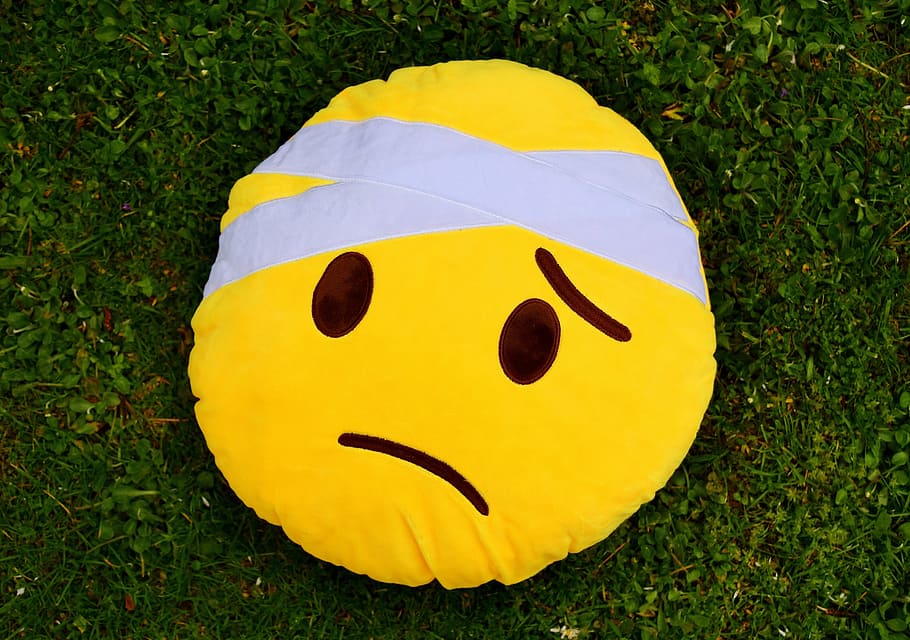 yellow, sad, emoji pillow, grass fifeld, get well soon, smiley, cute, plush, injured, ill